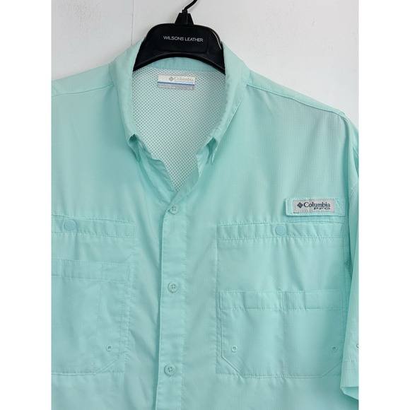 Columbia PFG Fishing Shirt Mens Large L Mint Short Sleeve Omni Shade Vented Logo - Picture 2 of 6